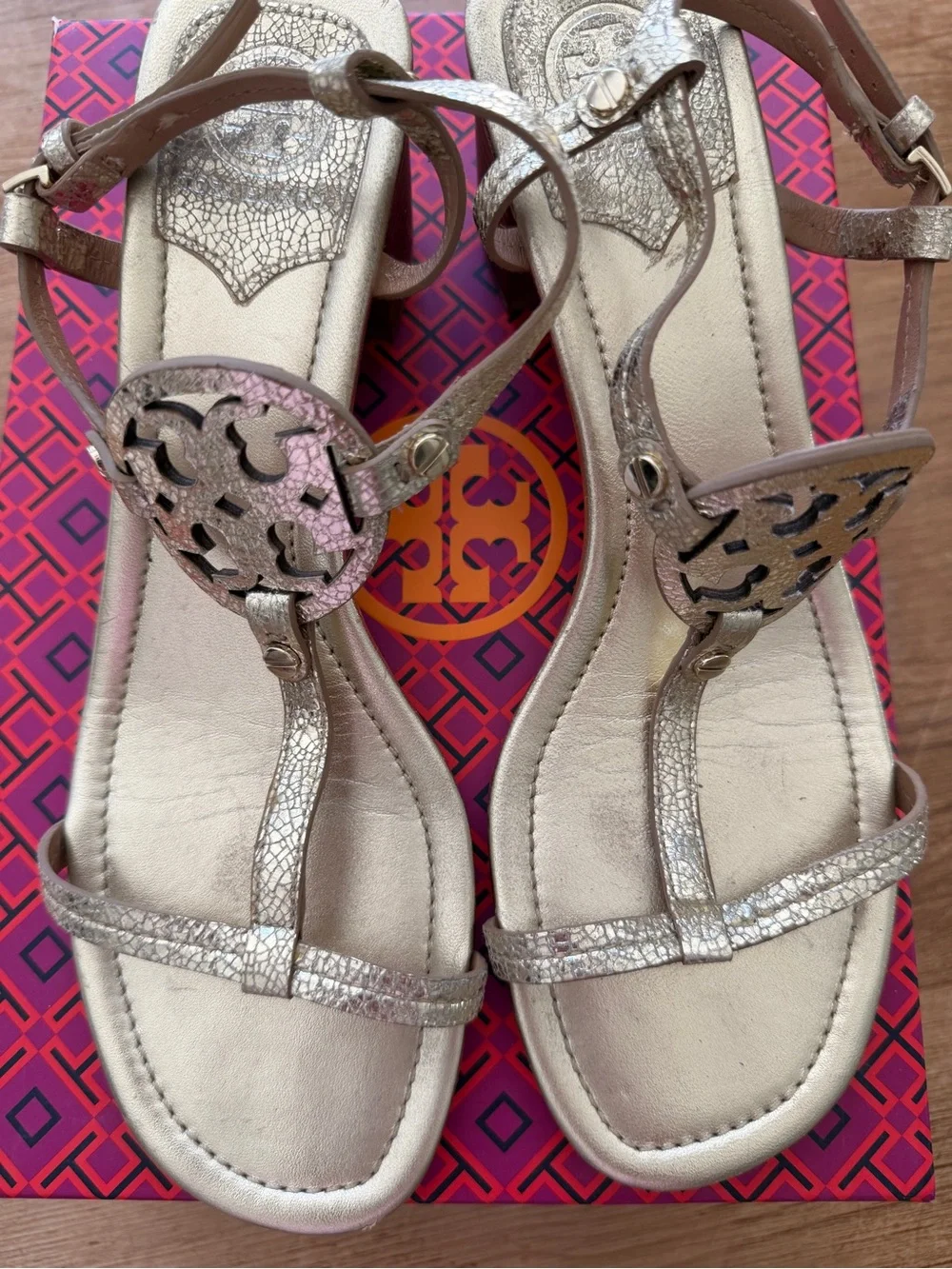 Tory Burch Metallic gold T-Strap Logo Sandals